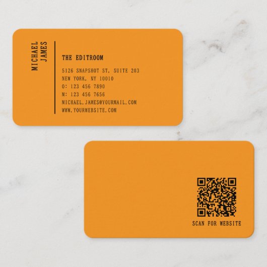 Carte De Visite Simple Modern Minimal Orange QR Code (Devant / Derrière)
