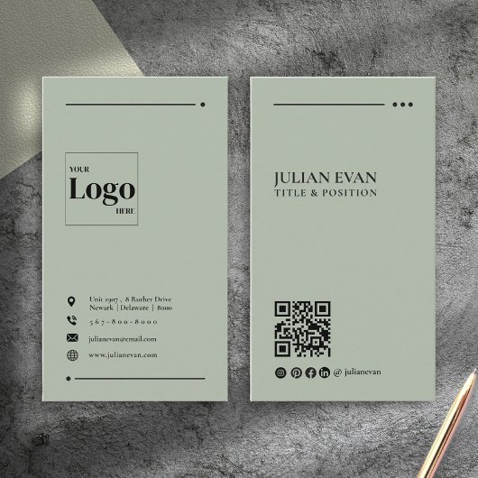 Carte De Visite Simple Modern QR Code Sage Green Minimalist