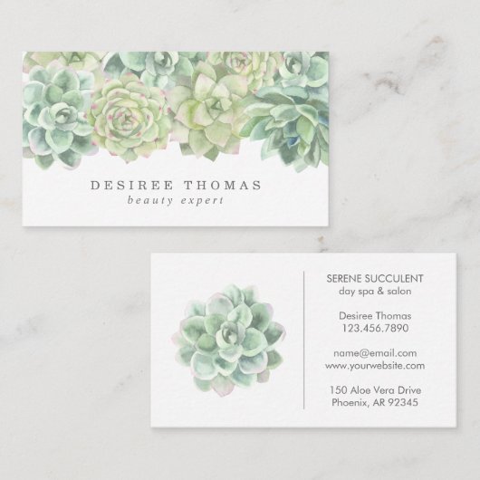 Carte De Visite Simple moderne Elégant Aquarelle Succulents (Devant / Derrière)