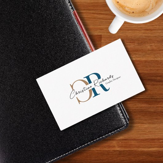 Carte De Visite Simple Moderne Monogramme Bleu Or