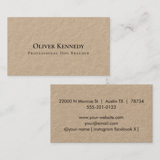 Carte De Visite Simple Moderne Rustique Papier Kraft Premium   (Devant / Derrière)