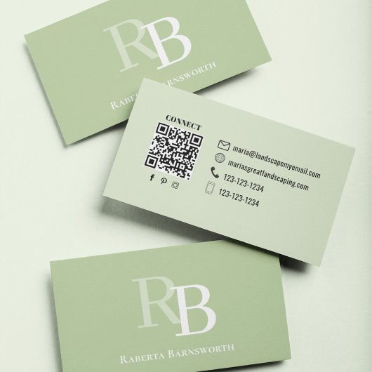 Carte De Visite Simple Monogram Green QR Code | Connect with Me
