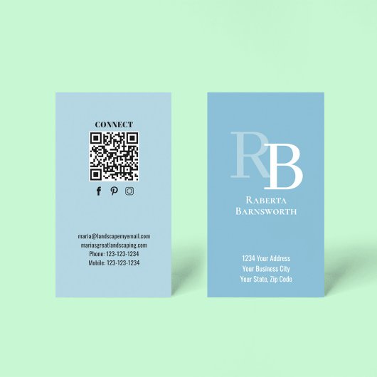 Carte De Visite Simple Monogram QR Code Blue | Connect with Me
