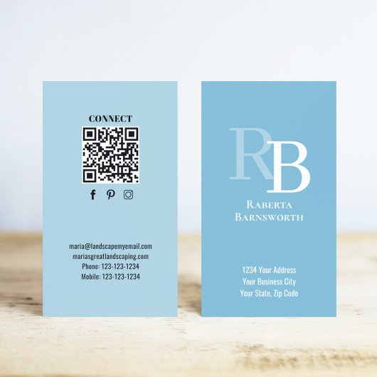 Carte De Visite Simple Monogram QR Code Blue | Connect with Me