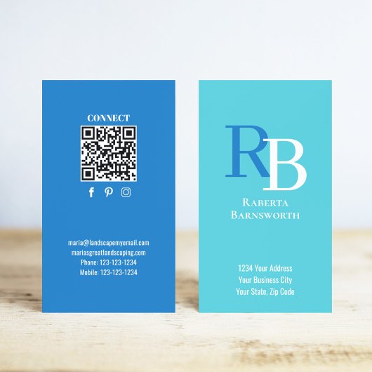 Carte De Visite Simple Monogram QR Code Blue | Connect with Me