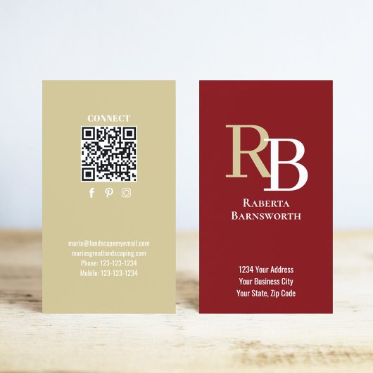 Carte De Visite Simple Monogram QR Code Burgundy | Connect with Me
