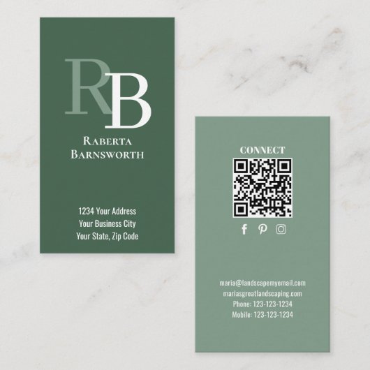 Carte De Visite Simple Monogram QR Code Green | Connect with Me (Devant / Derrière)