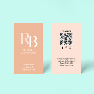 Carte De Visite Simple Monogram QR Code Peach | Connect with Me