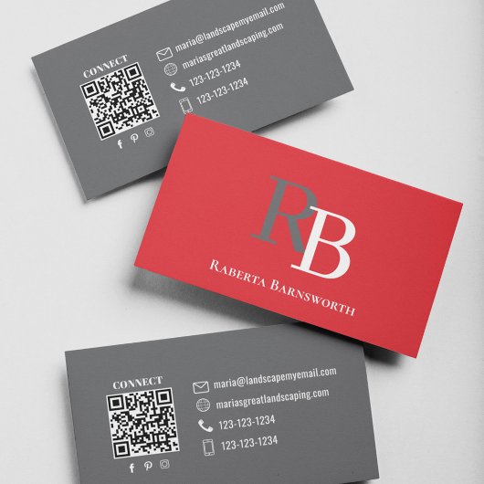 Carte De Visite Simple Monogram QR Code Red | Connect with Me
