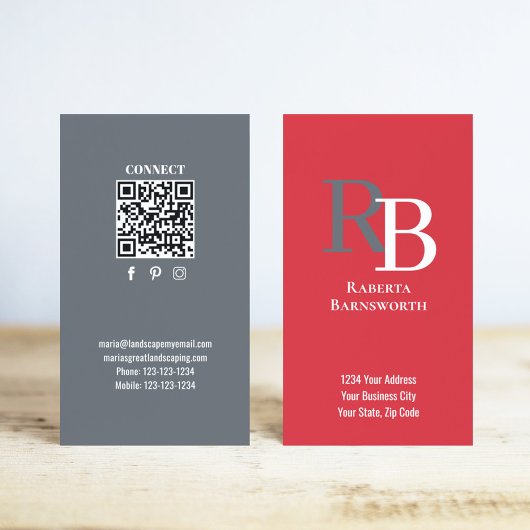 Carte De Visite Simple Monogram QR Code Red | Connect with Me