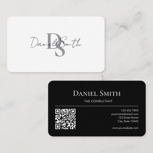 Carte De Visite Simple Monogramme Initial QRcode Noir Blanc Élégan (Devant / Derrière)