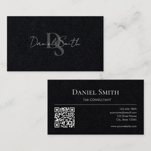 Carte De Visite Simple Monogramme Initial QRcode Papier Noir Premi (Devant / Derrière)