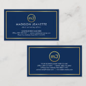 Carte De Visite Simple Monogramme Sur Cadre Doré Couche Bleue (Devant / Derrière)
