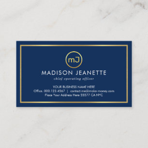Carte De Visite Simple Monogramme Sur Cadre Doré Couche Bleue