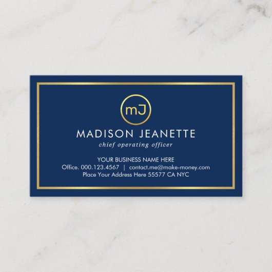 Carte De Visite Simple Monogramme Sur Cadre Doré Couche Bleue (Devant)