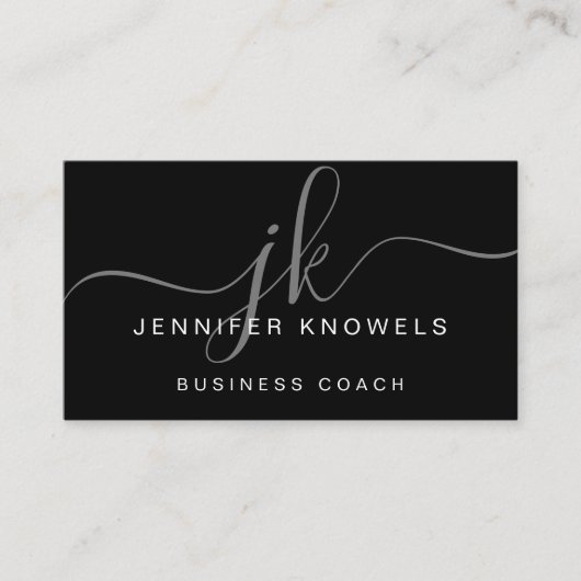 Carte De Visite Simple noir blanc gris élégant Monogramme Script (Devant)