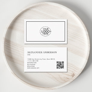 Carte De Visite Simple noir et blanc Ajouter votre logo Minimal QR
