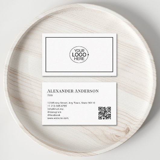 Carte De Visite Simple noir et blanc Ajouter votre logo Minimal QR