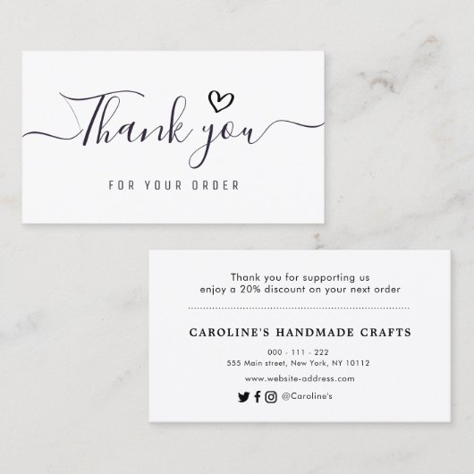 Carte De Visite simple noir merci script insert business (Devant / Derrière)