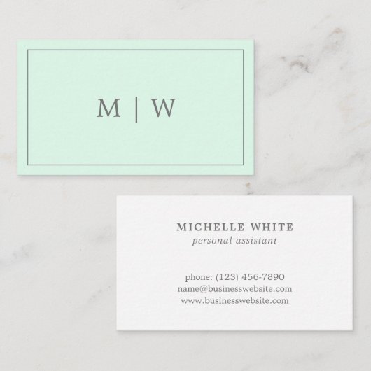 Carte De Visite Simple Pastel Mint Vert Deux Monogrammes Initiaux  (Devant / Derrière)