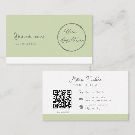 Carte De Visite Simple pastel vert QR code féminin (Devant / Derrière)