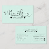 Carte De Visite Simple Pretty Mint Hearts Typographie Nail Tech (Devant / Derrière)