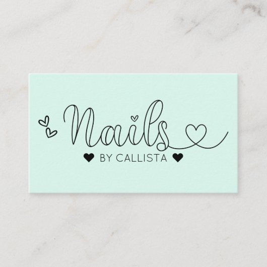 Carte De Visite Simple Pretty Mint Hearts Typographie Nail Tech (Devant)