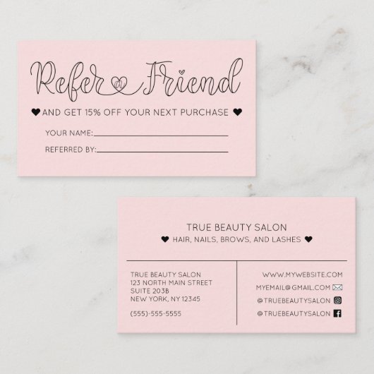 Carte De Visite Simple Pretty Rose Hearts Typographie Référence (Devant / Derrière)