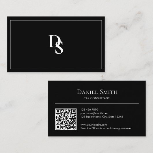 Carte De Visite Simple Professional Black White Initials QR Code (Devant / Derrière)