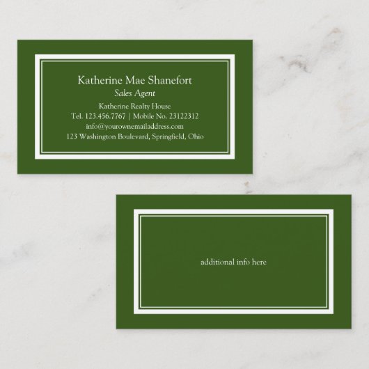 Carte De Visite Simple professionnel vert foncé avec bordure blanc (Devant / Derrière)