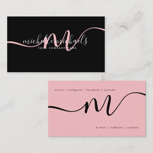 Carte De Visite Simple rose pâle Mini Monogramme Script noir (Devant / Derrière)