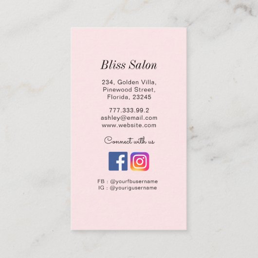 Carte De Visite Simple rose QR Code Beauté Salon (Dos)