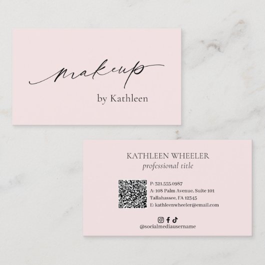 Carte De Visite Simple rose QR Code Elégant maquillage Artiste Mod (Devant / Derrière)
