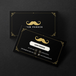 Carte De Visite Simple Salon de Coiffure Barbe Moustache Noir & Or