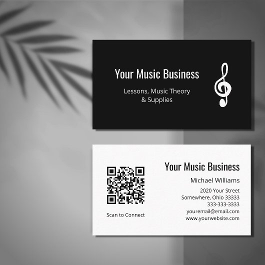 Carte De Visite Simple Treble Clef QR code leçons de musique noir