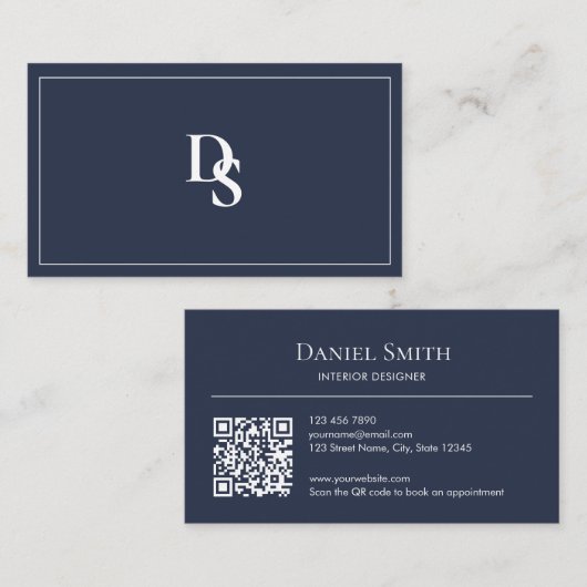 Carte De Visite Simples Initiales Code QR Bleu Poussiéreux Profess (Devant / Derrière)