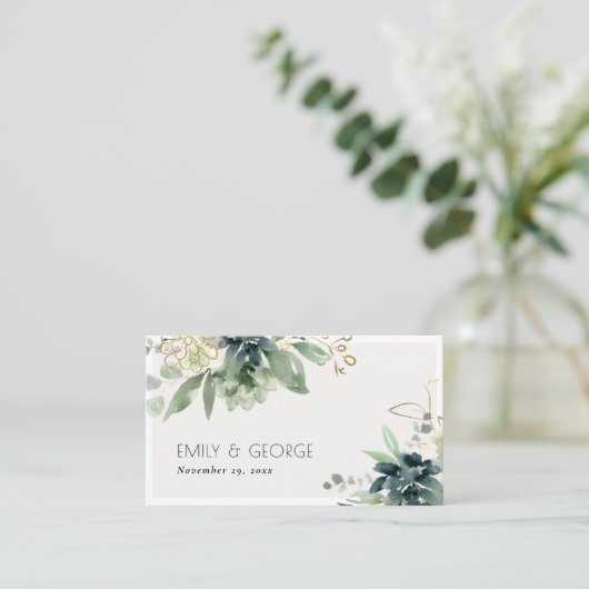 Carte De Visite Site Mariage de feuillage Succulent bleu-bleu-bleu (Debout devant)