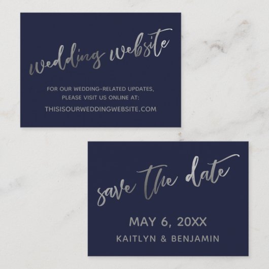 Carte De Visite Site Web des Mariages Silver & Navy & Save the Dat (Devant / Derrière)