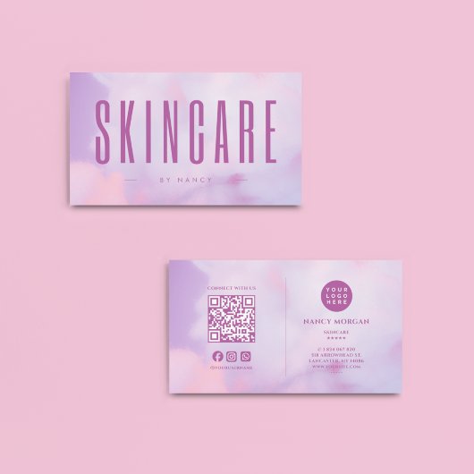 Carte De Visite Skincare QR Code & Logo Purple Holographique