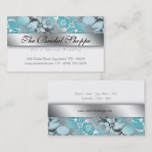 Carte De Visite Sky Blue Mariage damassé Floral Silver (Devant / Derrière)