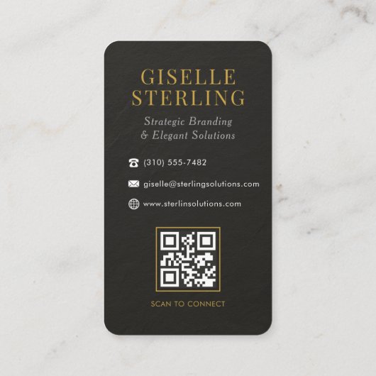 Carte De Visite Slate Stone Black White Gold Monogram QR Code (Dos)