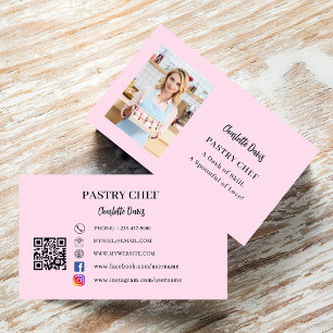 Carte De Visite slogan photo du chef pâtissier code QR rose