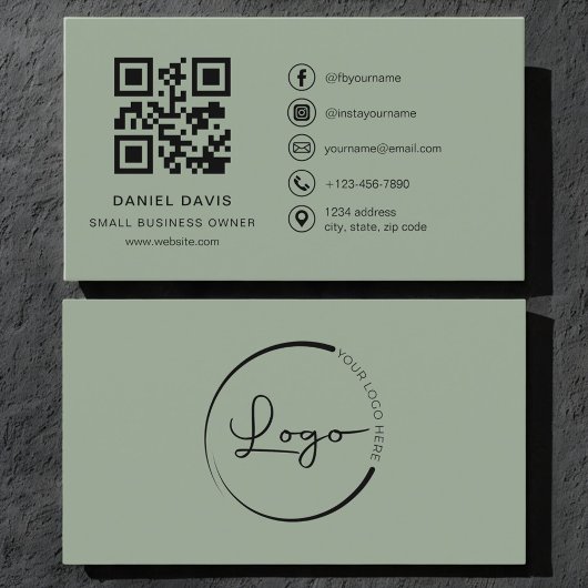 Carte De Visite Small Business Owner Sage Green Logo QR Code 