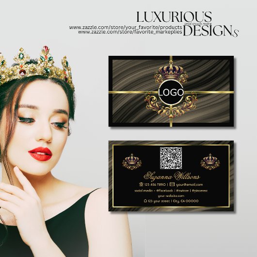 Carte De Visite Smart Royal Brown Gold Crown avec logo QR Code