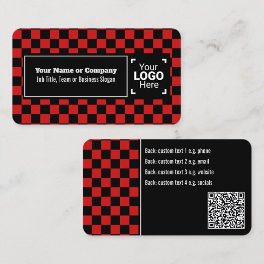 Carte De Visite Snazzy Red / Black À damiers Propre Texte, QR, Log (Devant / Derrière)