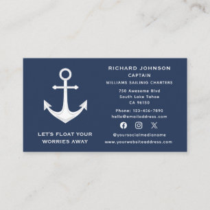 Carte De Visite Social Media Bleu nautique Blancs Ancre bateau Yac