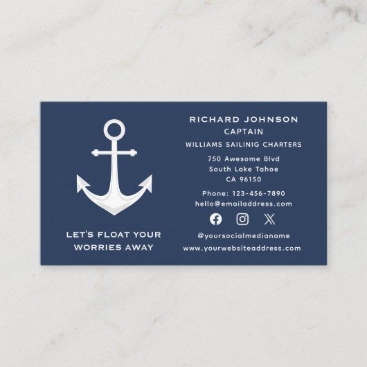 Carte De Visite Social Media Bleu nautique Blancs Ancre bateau Yac (Devant)