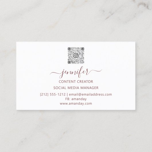 Carte De Visite Social Media Manager Content Creator QR Rose Blanc (Dos)