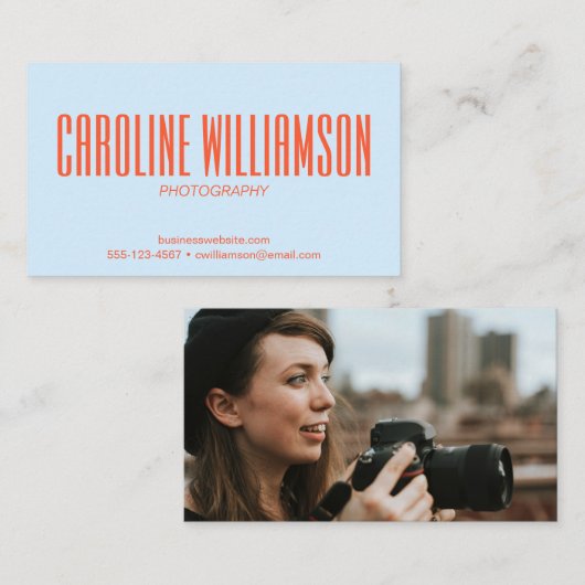Carte De Visite Soft Blue Orange Bold Name Photo Back Photographer (Devant / Derrière)
