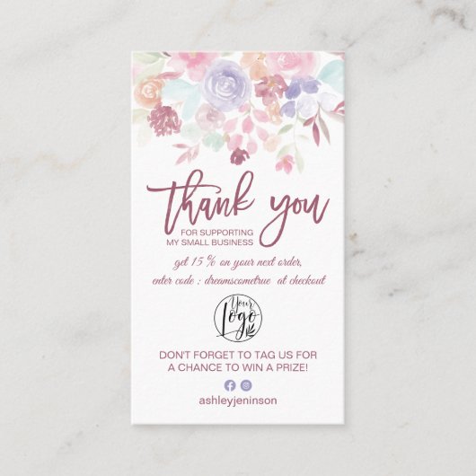 Carte De Visite Soft pastel floral script logo commander merci (Devant)